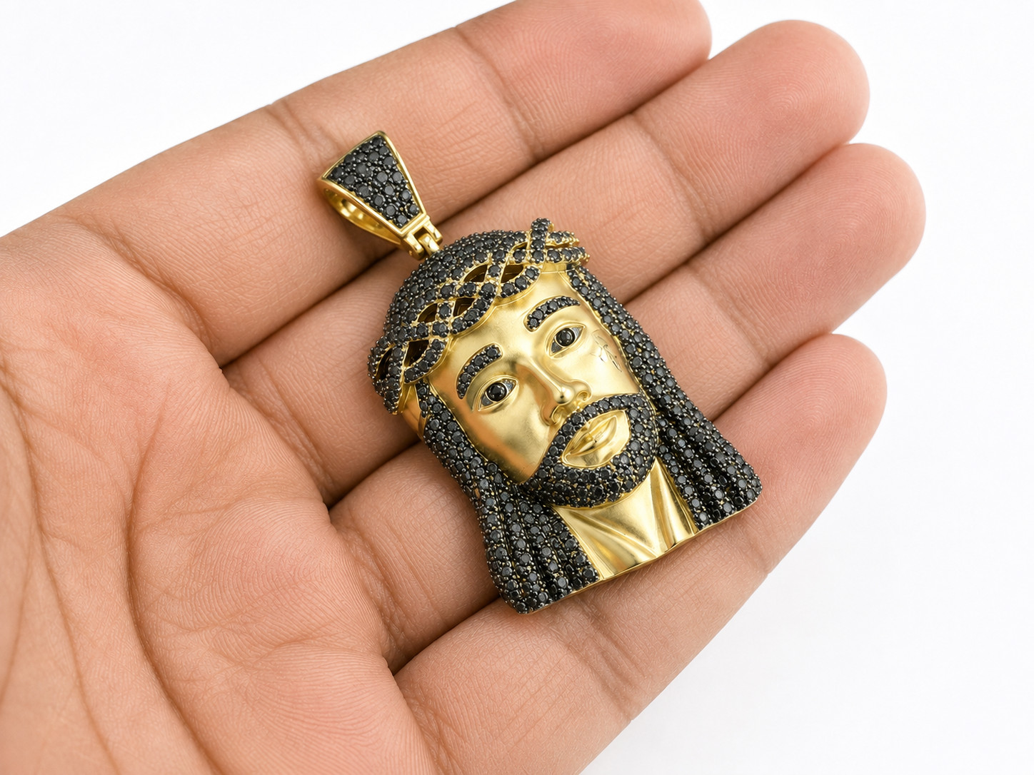 925 Sterling Silver Jesus Face Pendant Black Stone Hip Hop Charm Gift for Men