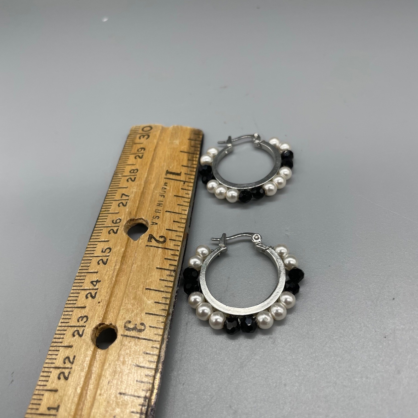 Silver Tone Faux Pearl and Black Beaded Hoop Earrings Latch Back 1 Inch