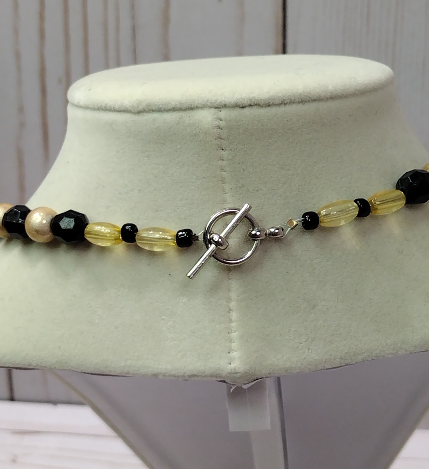 Handmade Black, Silver & Gold Glass Bead Heart Pendant Necklace 17″