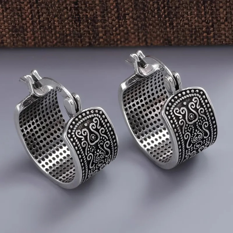 925 Sterling Silver Texture Flower Earrings For Women Gothic Trendy Simple Retro