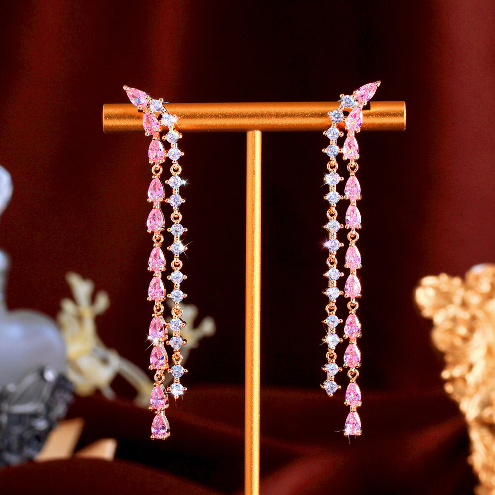 Fresh and sweet fairy style pink diamond tassel earrings with zircon earrings
