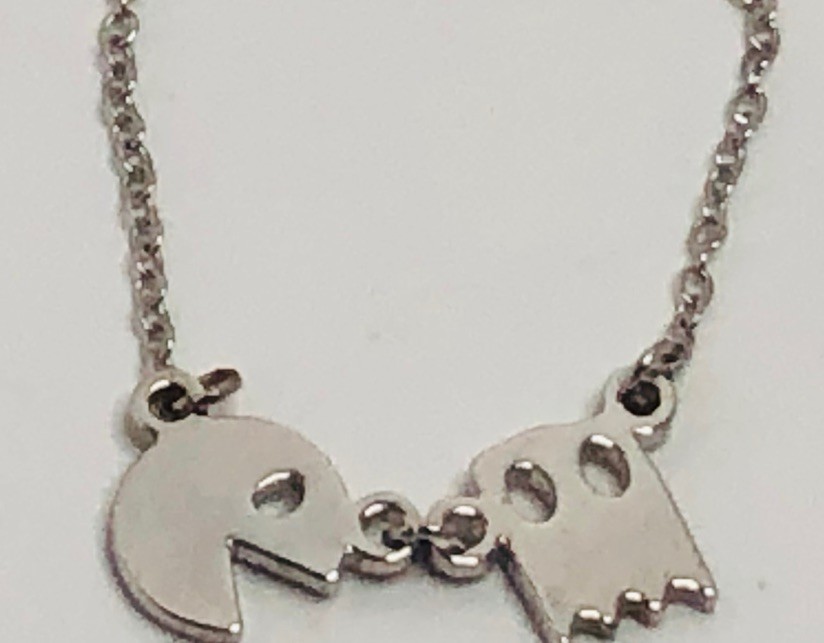 18” Pac-Man Silver Tone Necklace With Ghost