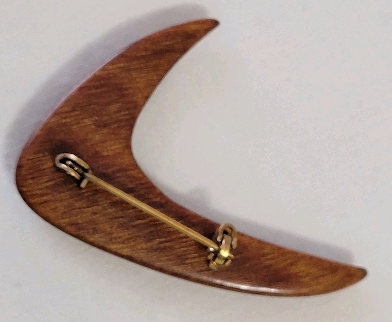 Boomerang Polished Wood Pin Brooch Layered Crescent Wood Grain 2 x 1.5″ Brown