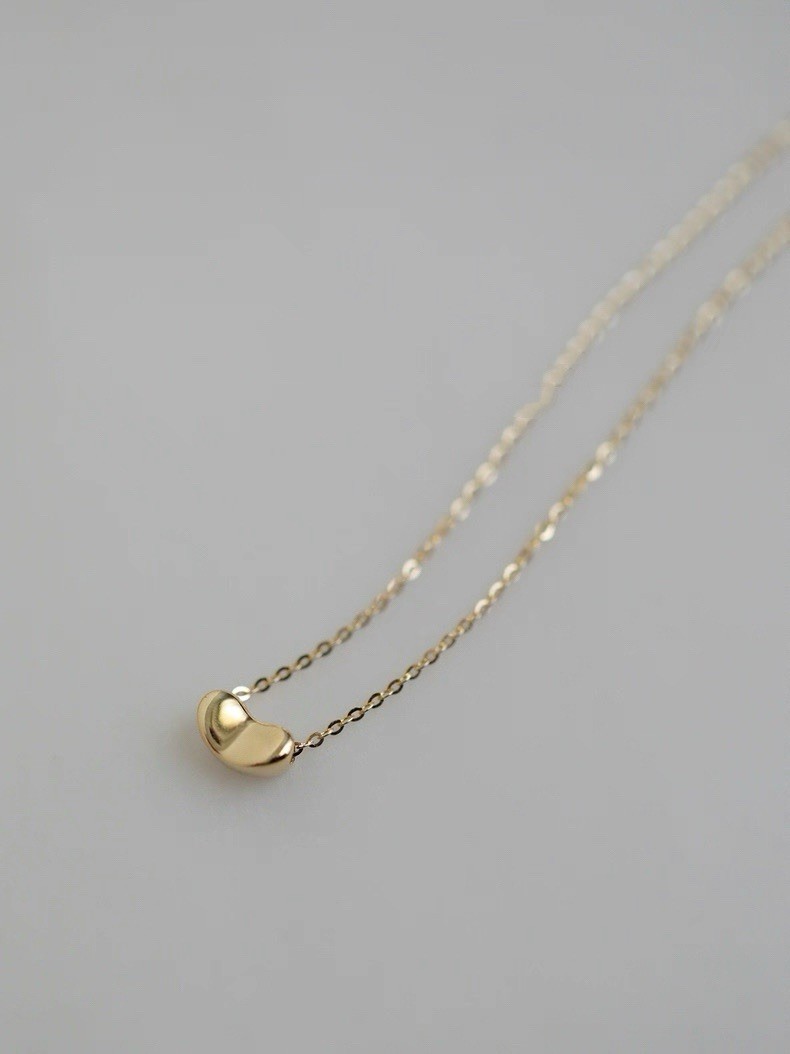 Solid 14K Yellow Gold Bean Pendant Necklace AU585 Stamp, 16.5” Adjustable