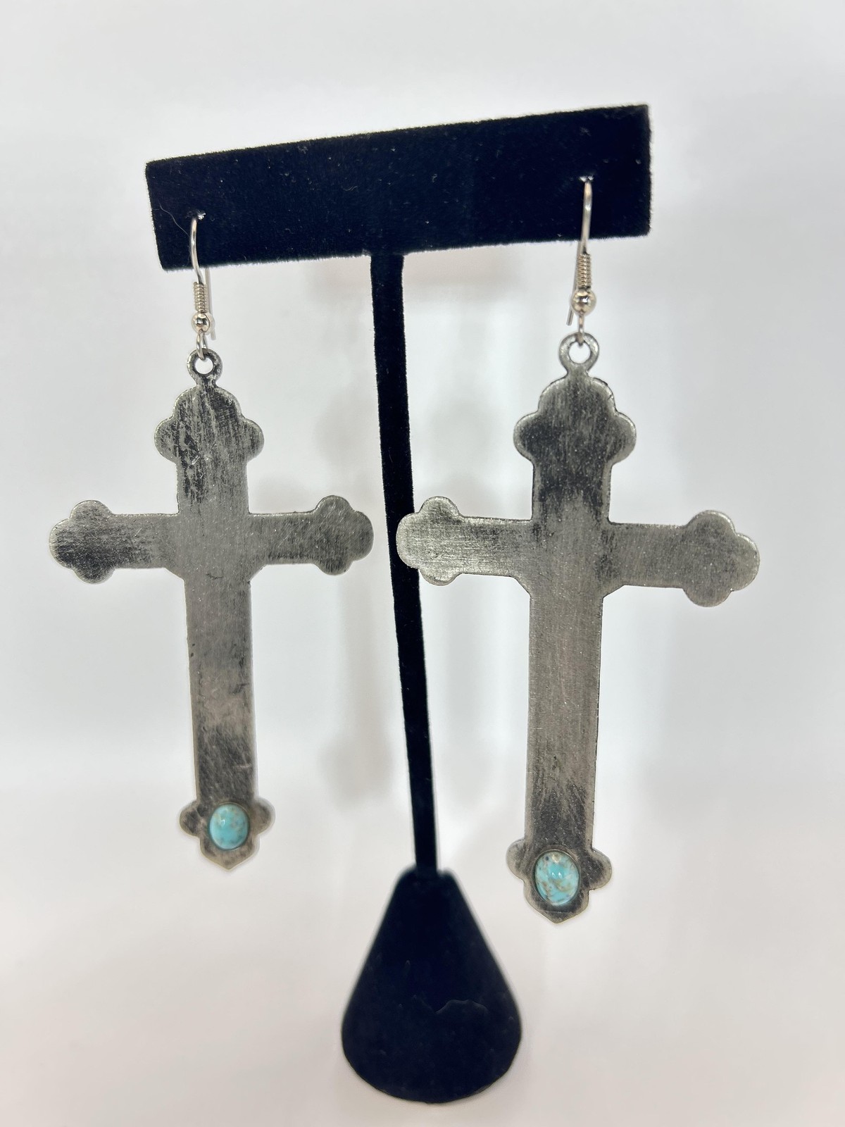 Earrings Silver Tone Turquoise Cross Dangle French Wire Religious Jewelry