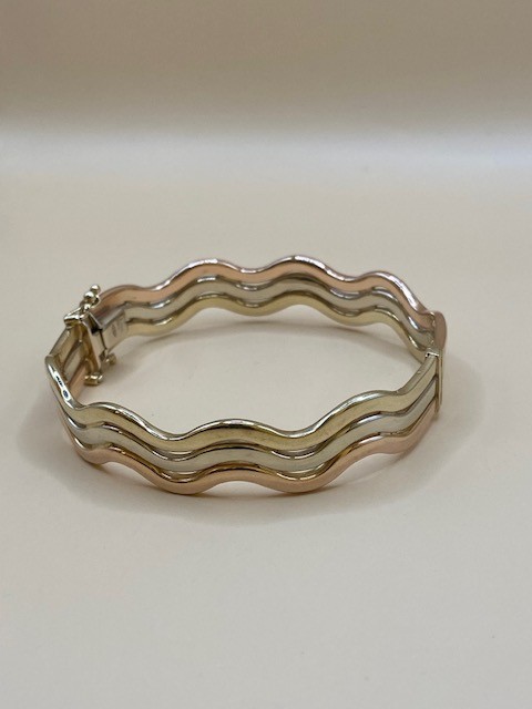 9ct Yellow, Rose And White Gold Triple Wave Bangle-Pre Owned
