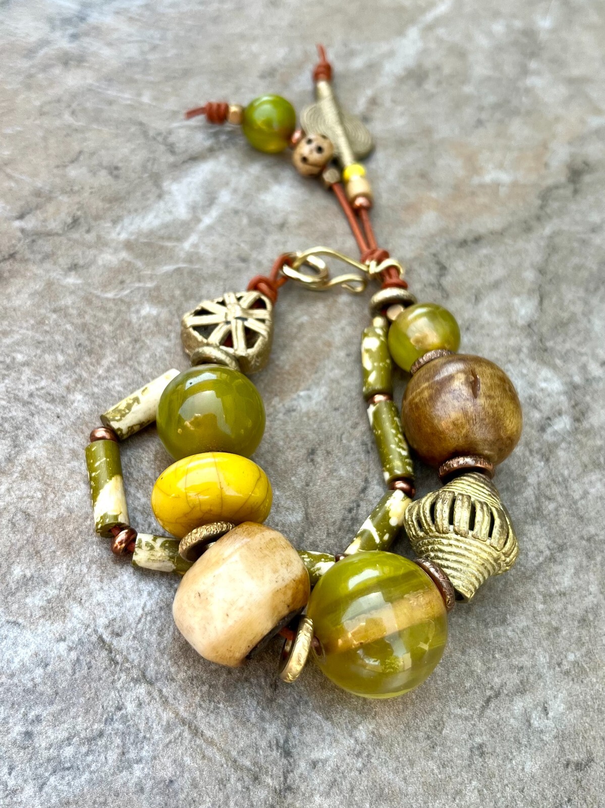 Tribal Boho Bracelet African Bone, Horn, Brass and Vintage Resin Beads