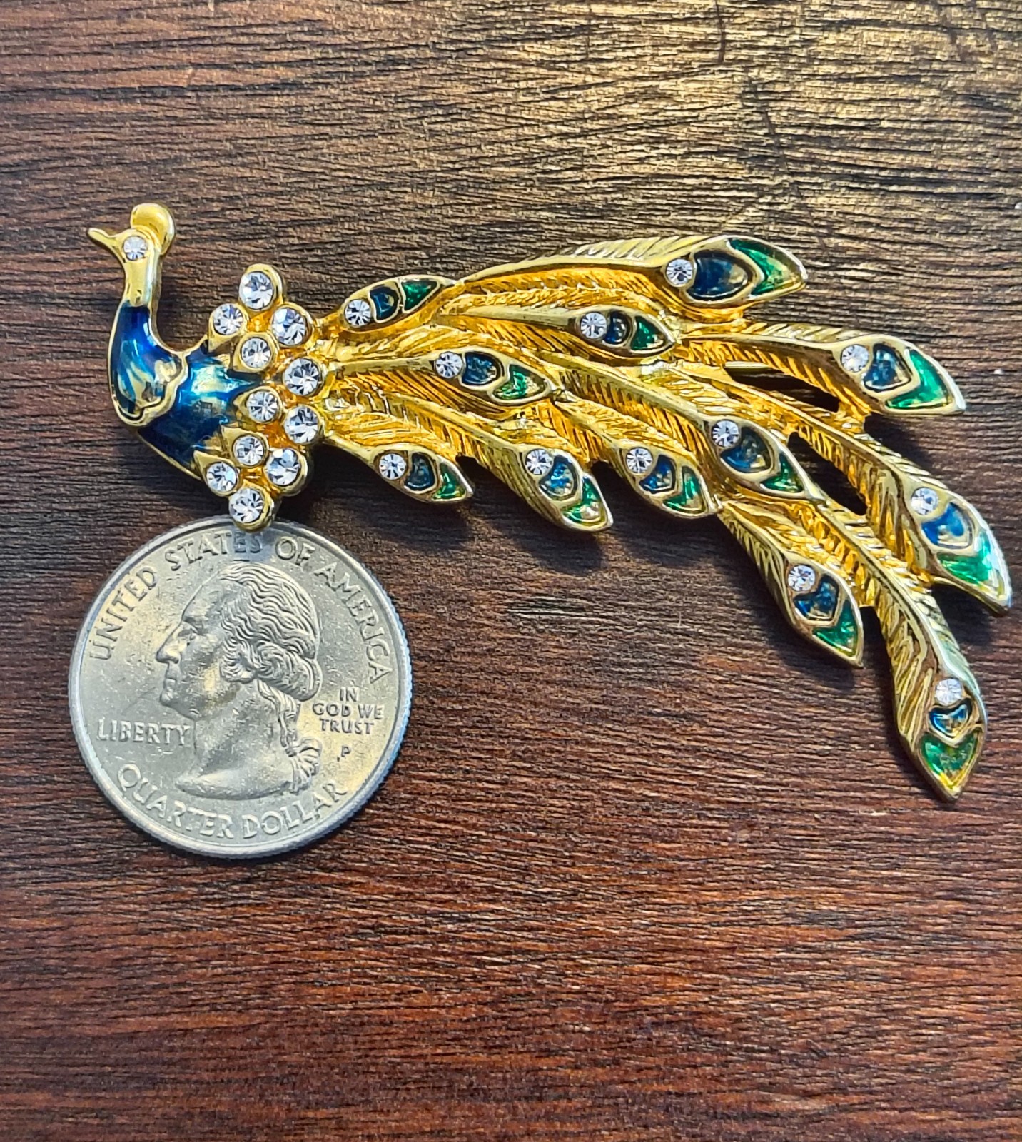 VTG Enamel Rhinestone Peacock Brooch Blue Green Gold Tone 2.5″ costume fashion