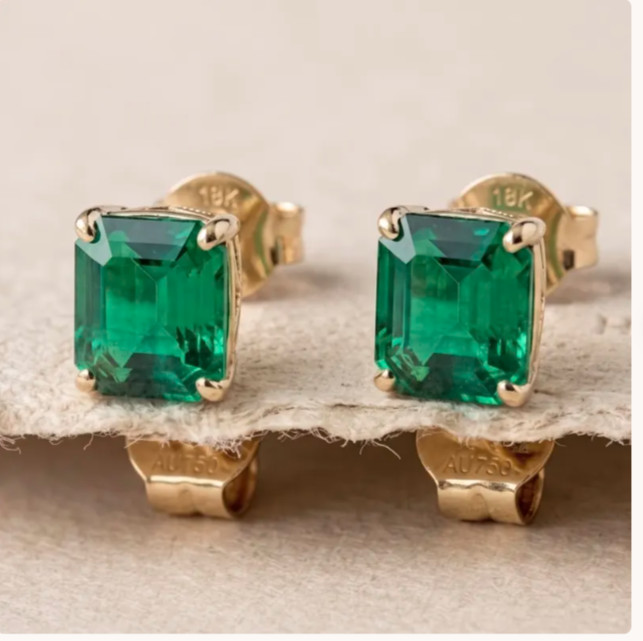 Natural Emerald 4Ct Emerald Cut Solitaire Stud Earring 14k White Gold Plated