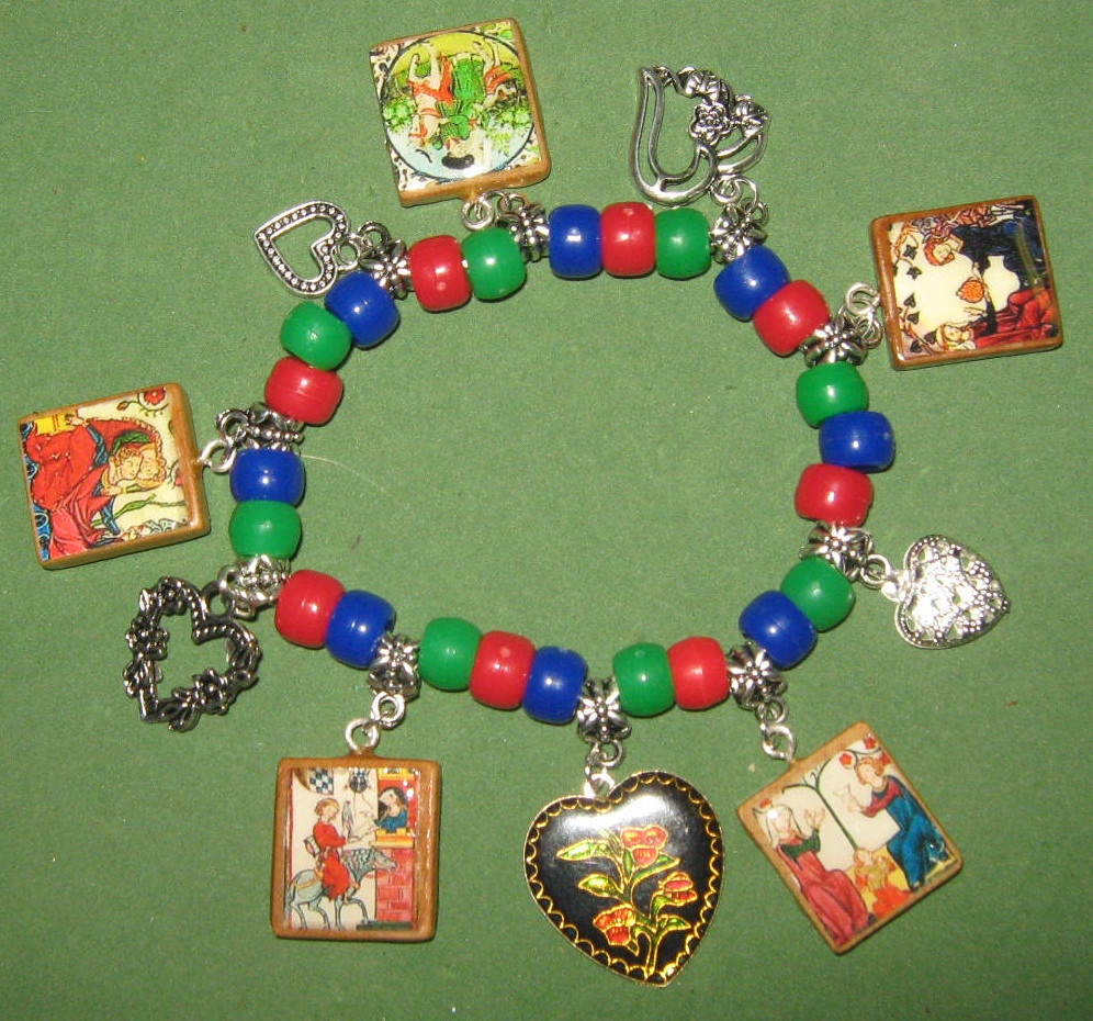 “COURTLY LOVE”- ALTERED ART BEADED CHARM BRACELET-ELASTIC BAND