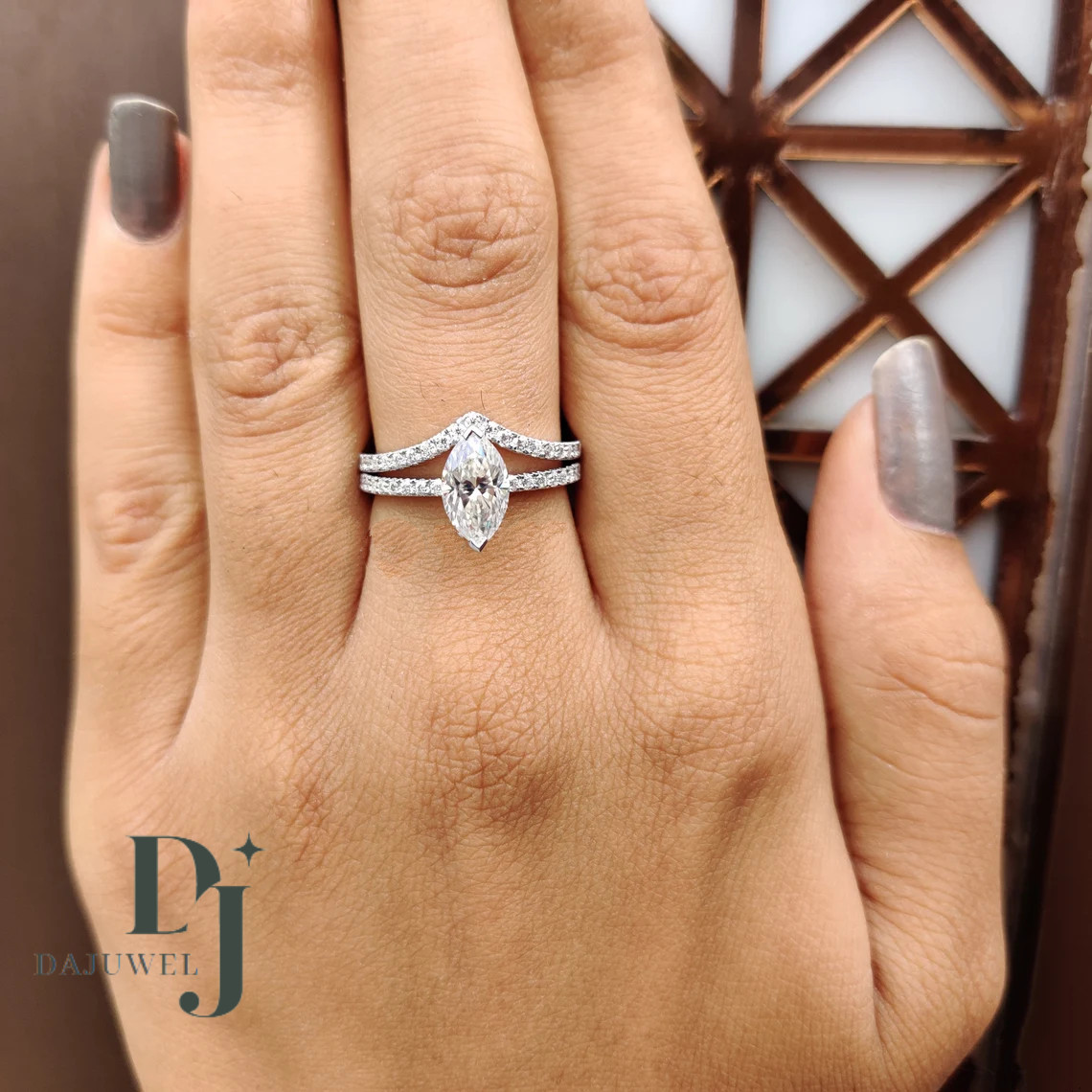 Moissanite Bridal Set Engagement Ring Solid 14K White Gold 2.50 CT Marquise Cut