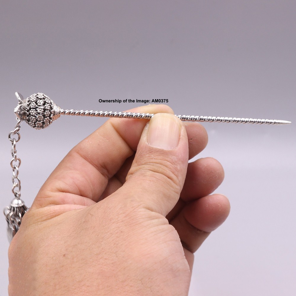 Real 925 Sterling Silver Hairpin Vintage Style Floral Ball Hair Clip Pin 4.8inch