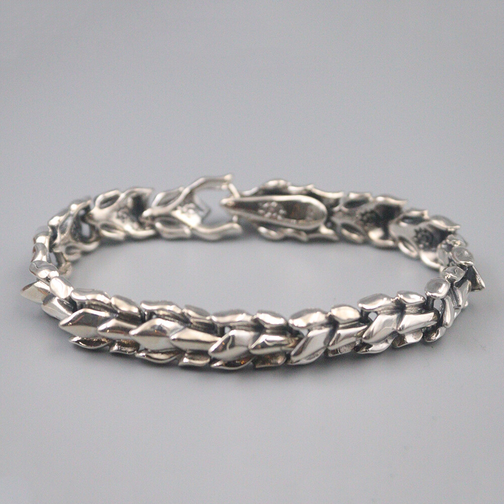 Solid S925 Sterling Silver Chain Men 11mm Dragon Bone Link Bracelet 60-61g 7.9in