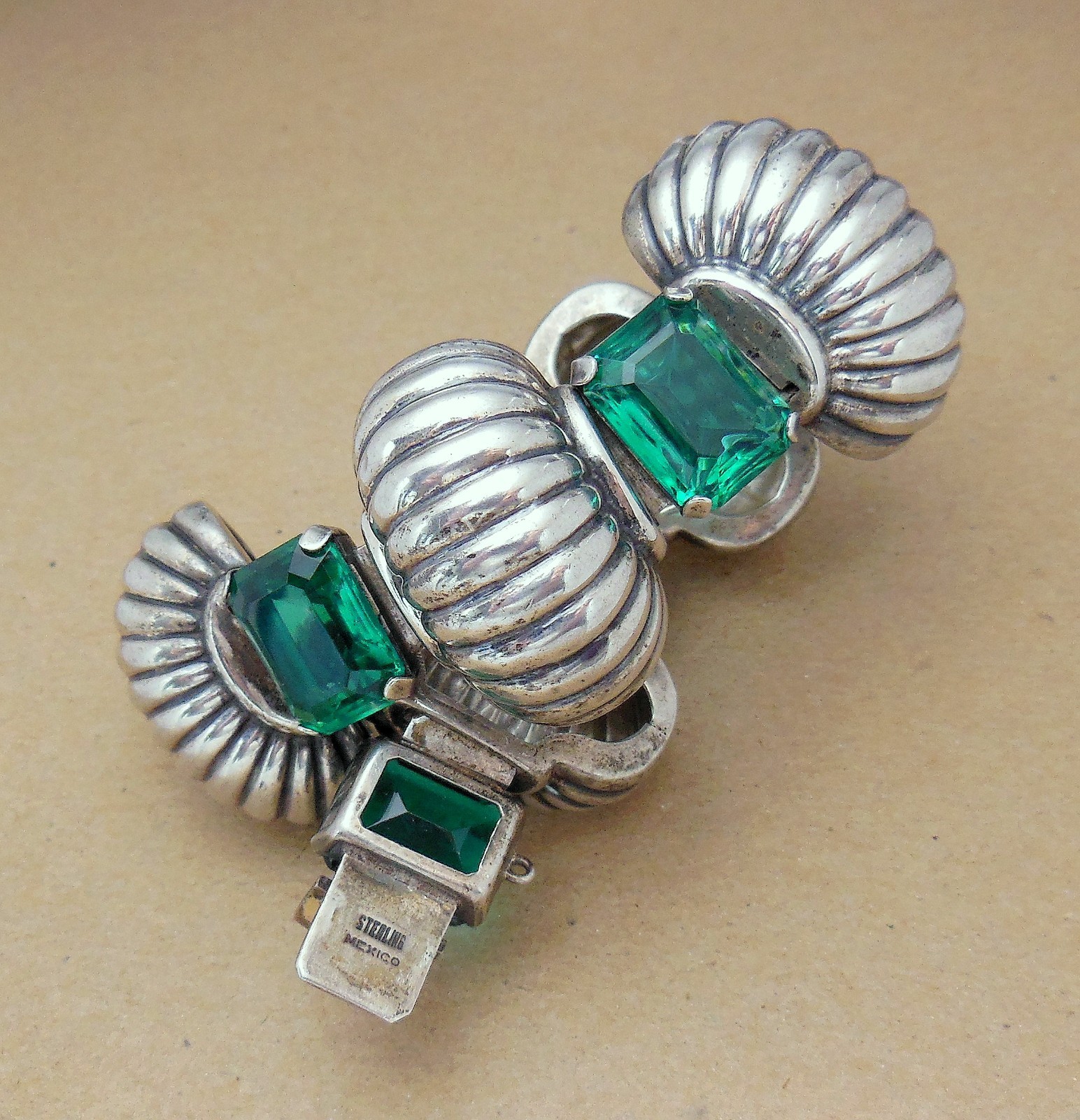 Vintage 40’s BOUCHER PARISINA Mexico Sterling Green Glass Bracelet & Earring SET