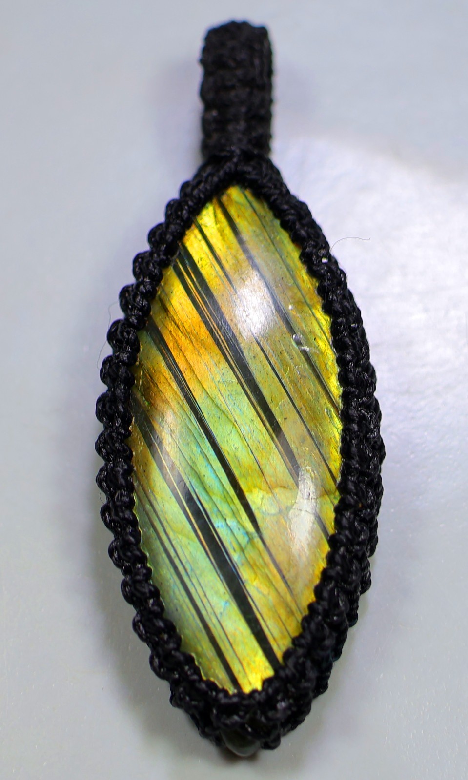 44 Ct Natural 8X19X53 mm Multi Fire Labradorite Marquise Macrame Pendant 2.10 “