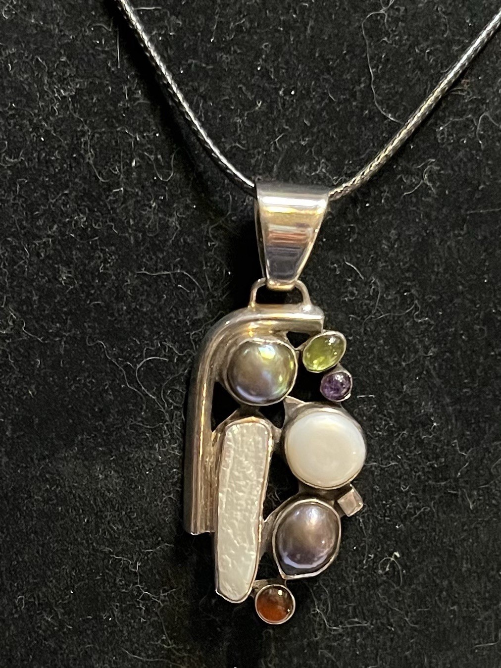 vintage style multi gem sterling silver pendant on 24 inch long black cord.new