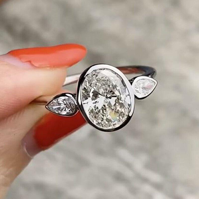 Three Stone 2.4 CTW Oval Moissanite Bezel Set Wedding Ring 14kwhite gold Plated
