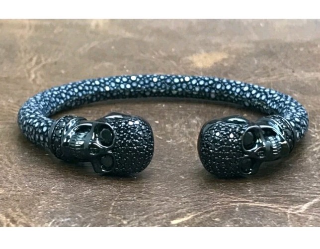 Natural Black Stingray Leather Cuff Bracelet Signed 925 Sterling Silver Skulls