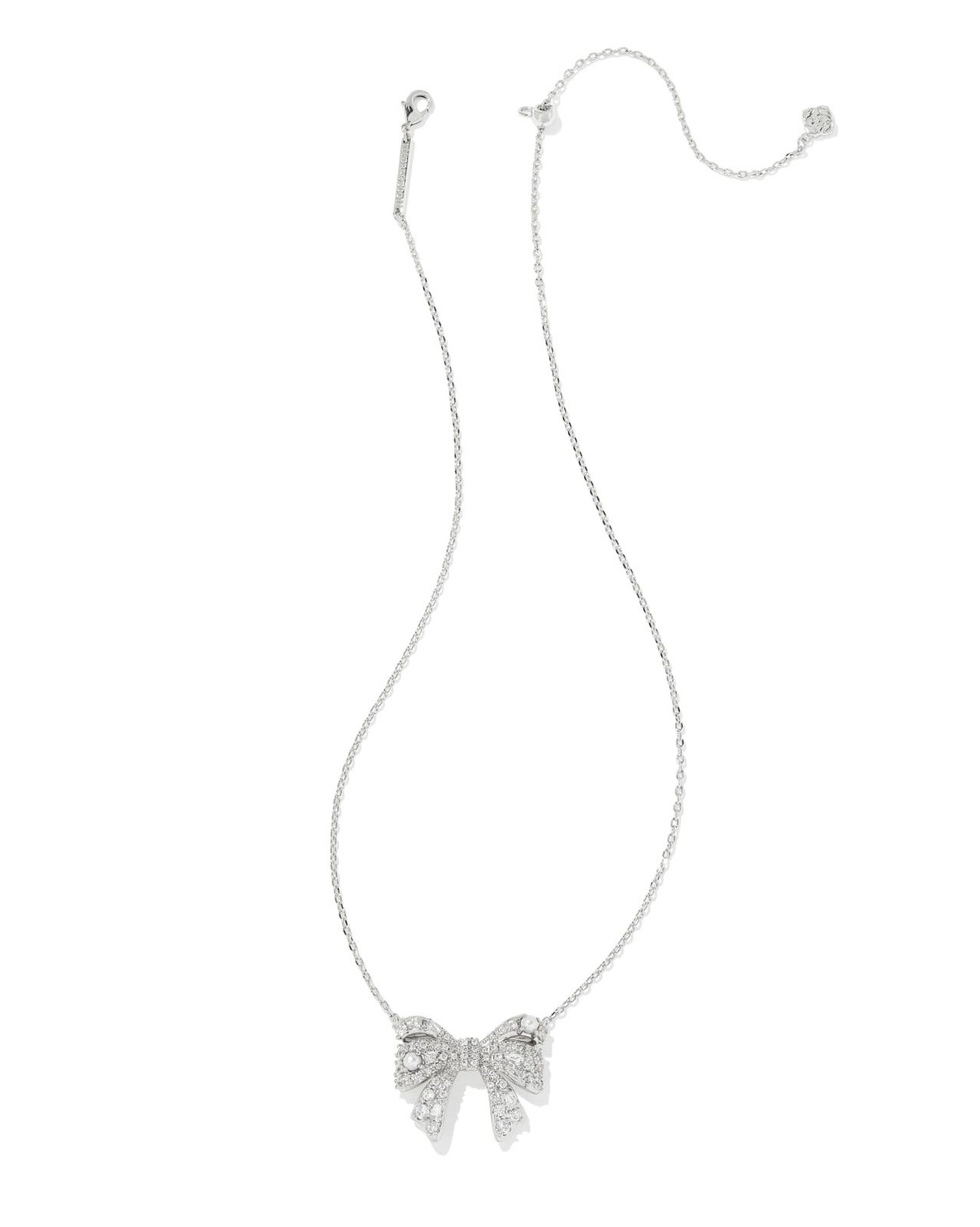 New Krista Silver Bow Short Pendant Necklace in White Mix on Kendra Scott Card