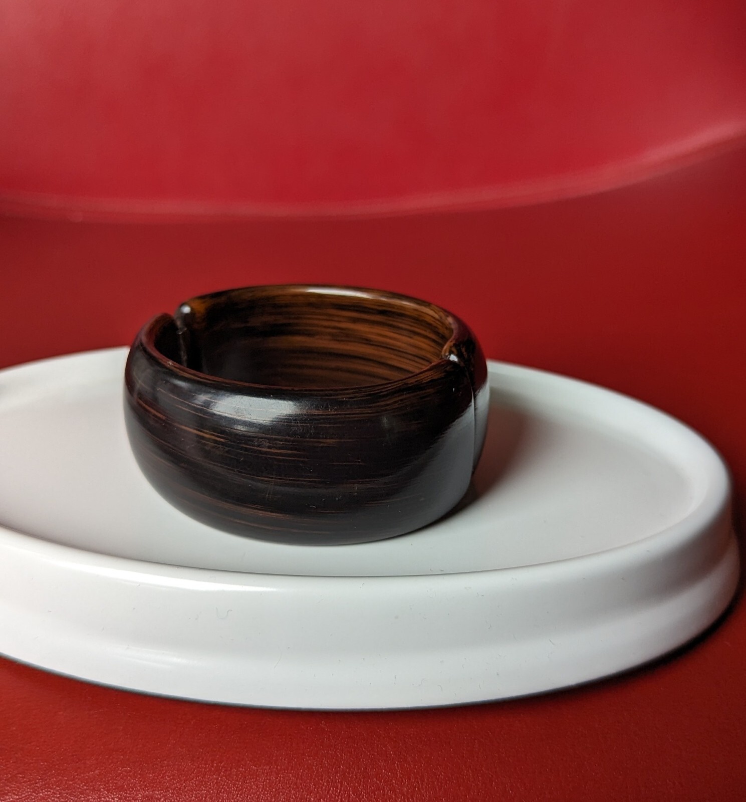 Vintage Dark Brown Faux WOOD Lucite Clamper Bangle 1 ¼” Wide Bracelet