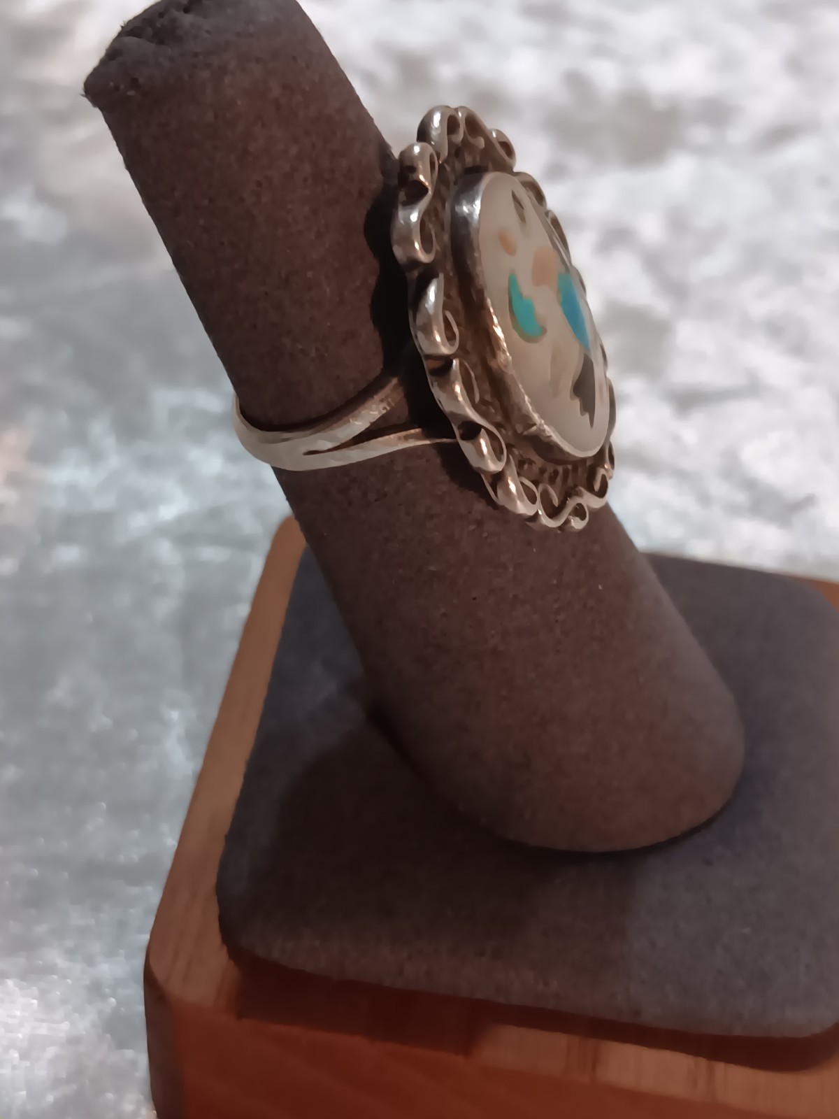 Vint. Zuni Sterling Blue Bird Inlay Mop, Coral, Turquoise, Onyx Ring Signed L