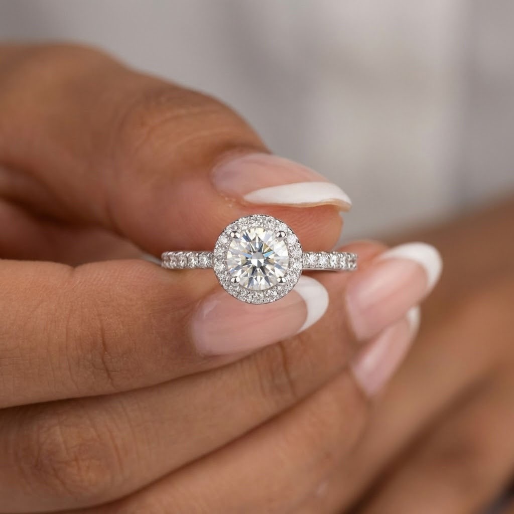 Side Stone Engagement Ring 14K Gold Halo 1.44 CT Round Lab-Grown Diamond D VS2