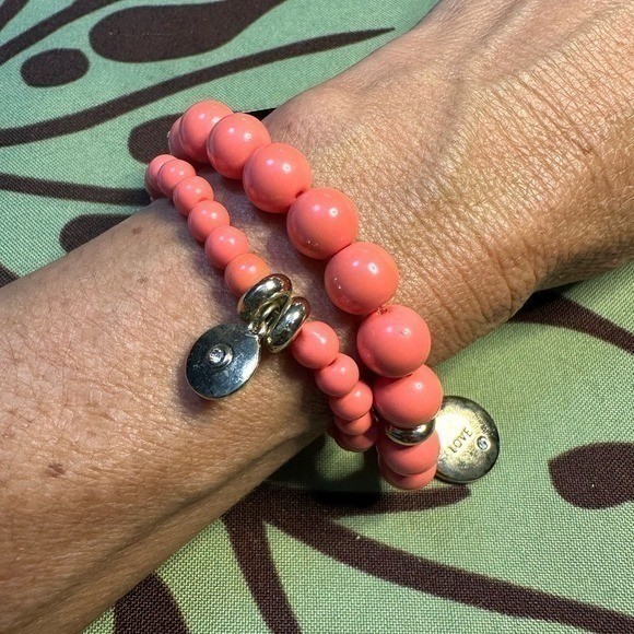 The Limited Coral Beaded Stretch Bracelets Love Charm Set of 2 Women
