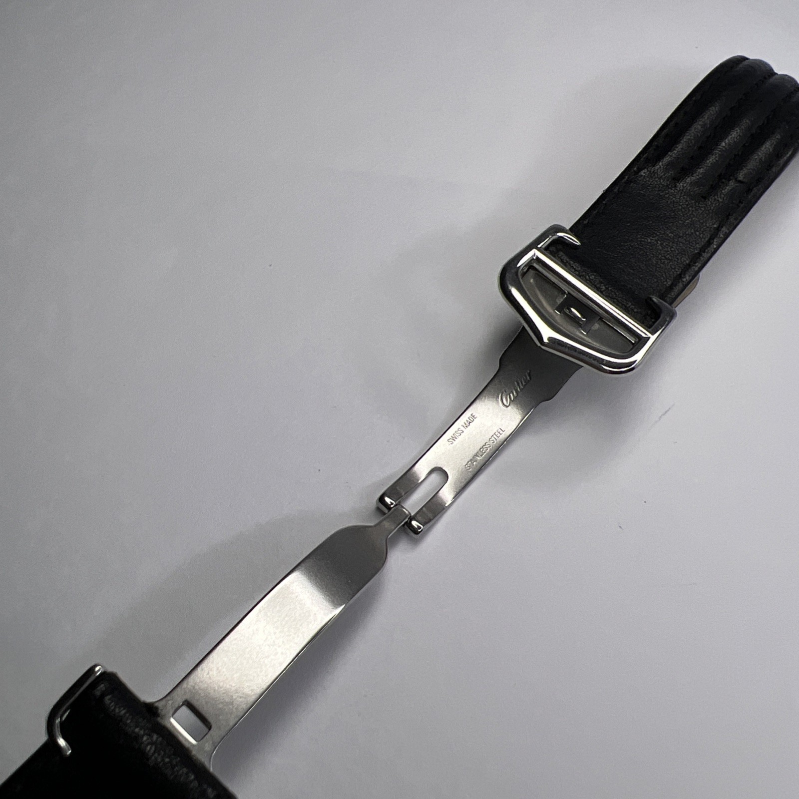 19mm Cartier Black Ridged Leather Strap Band 18mm Steel Foldover Deployant Clasp