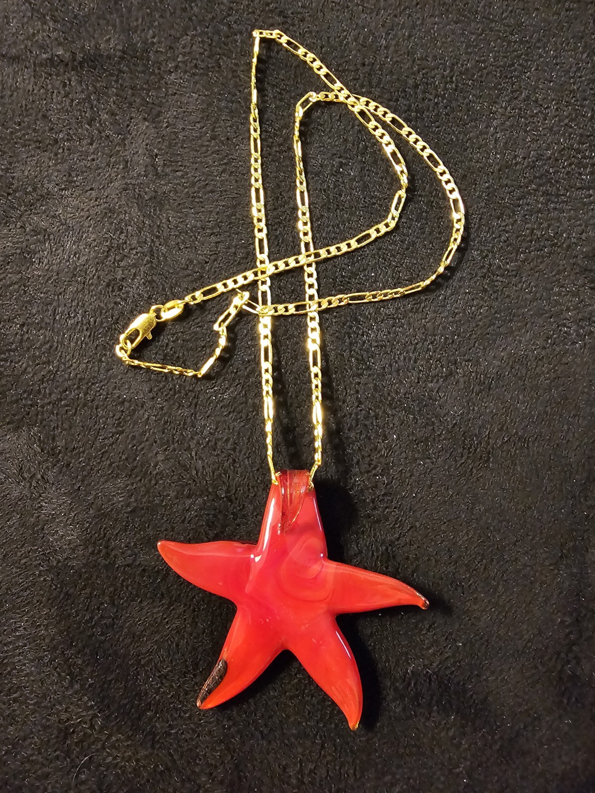 Murano Style Art Glass Starfish Pendant Necklace 18K GF 18″ Chain Red Gold