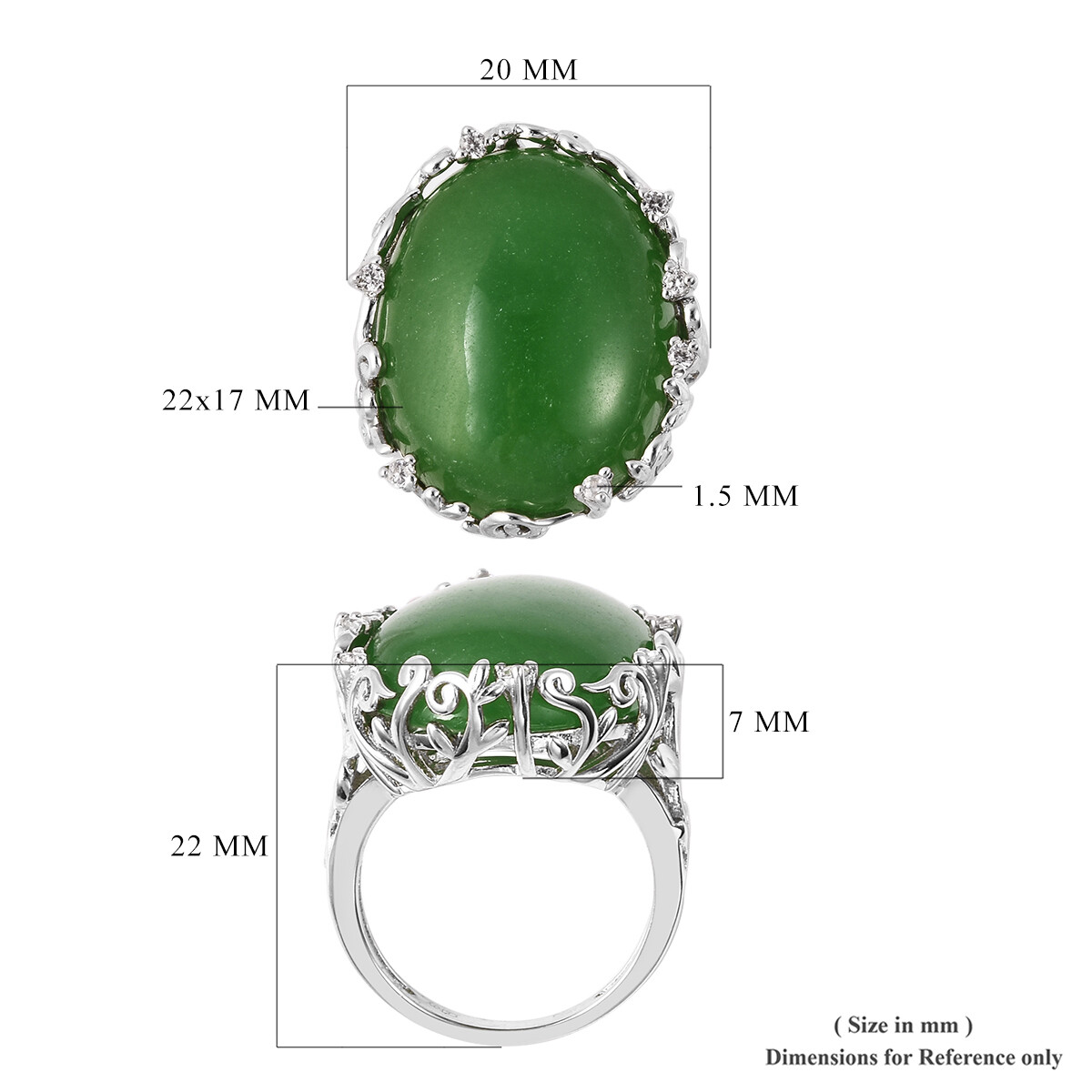 Burmese Green Jade and Zircon Ring in Sterling Silver (Size 9.0) 23.40 ctw