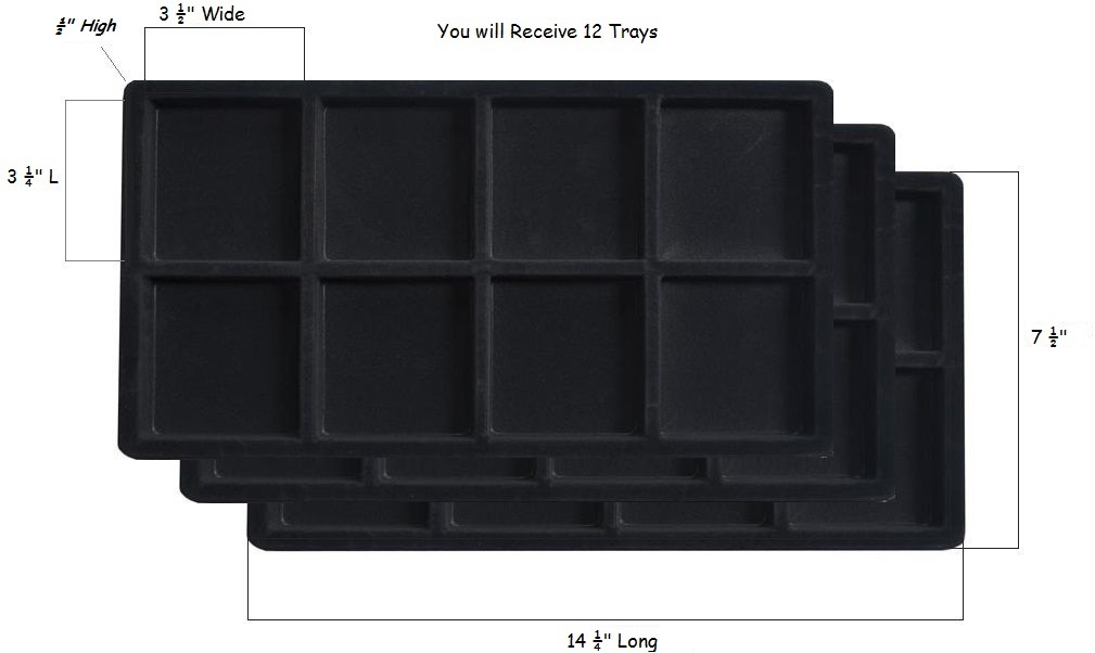 12 Trays 12 Inserts 8 Compartment Liners Black Jewelry Flocked 14 ” x 7 ½” x ½”