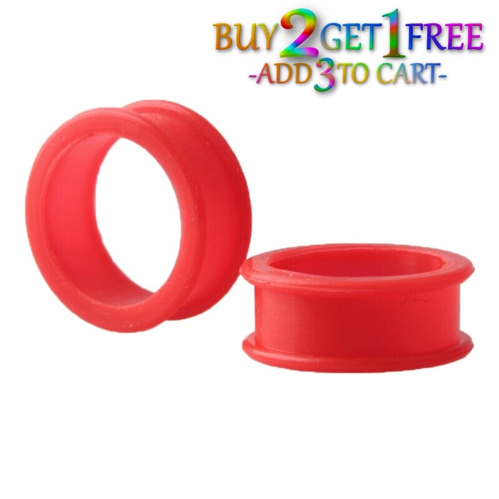 Pair 12g-50mm RED SILICONE FLAT FLARE TUNNELS Double Gauges Thin Flesh Ear 1014