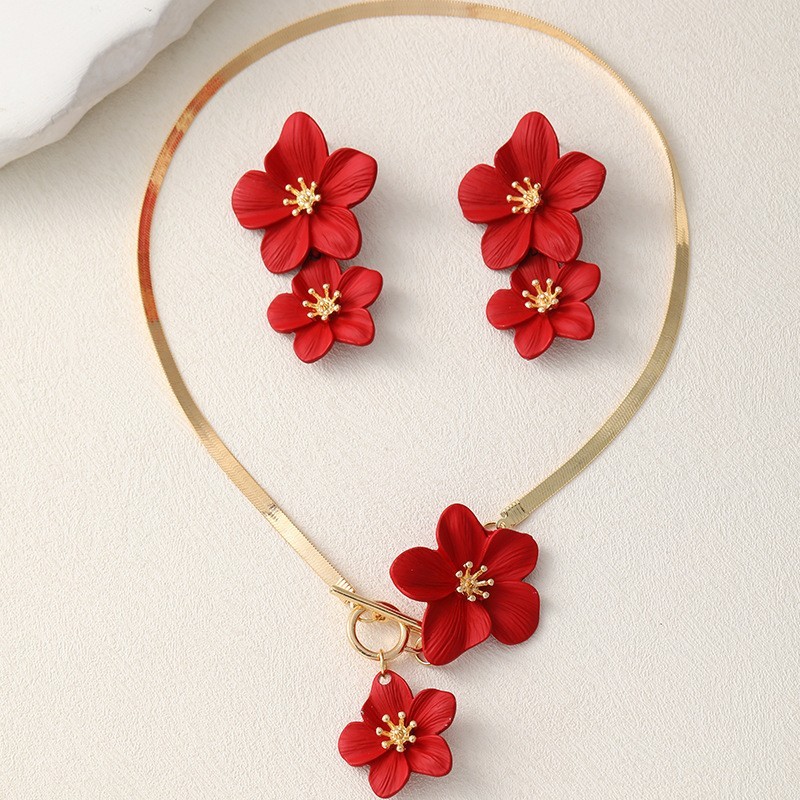 Women’s Fashion Elegant Red Flower Pendant Necklace Earring Set Alloy Jewelry