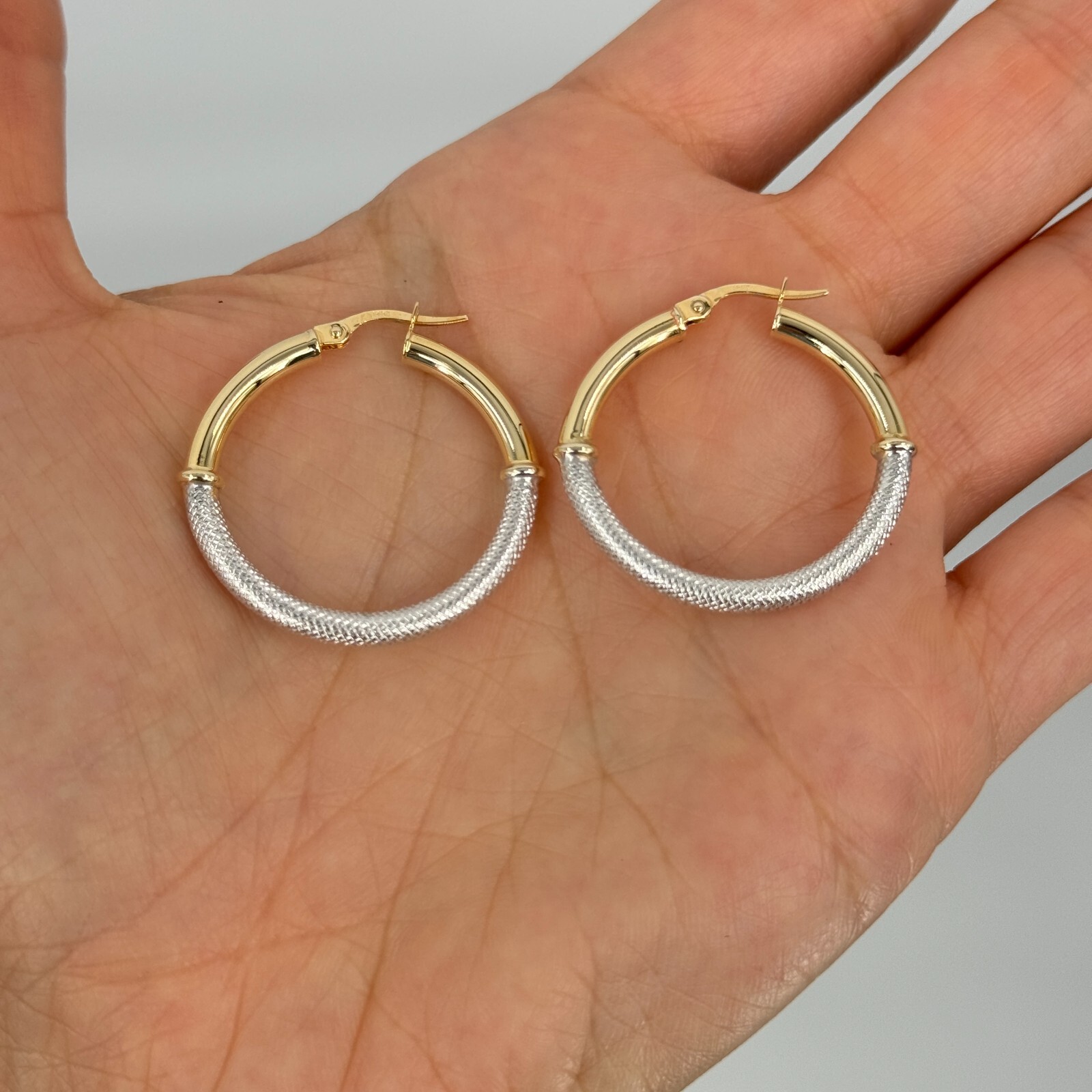 Italian 14k Yellow & White Gold Waffle Texure & Shine Hollow Hoop Earrings 1.2″