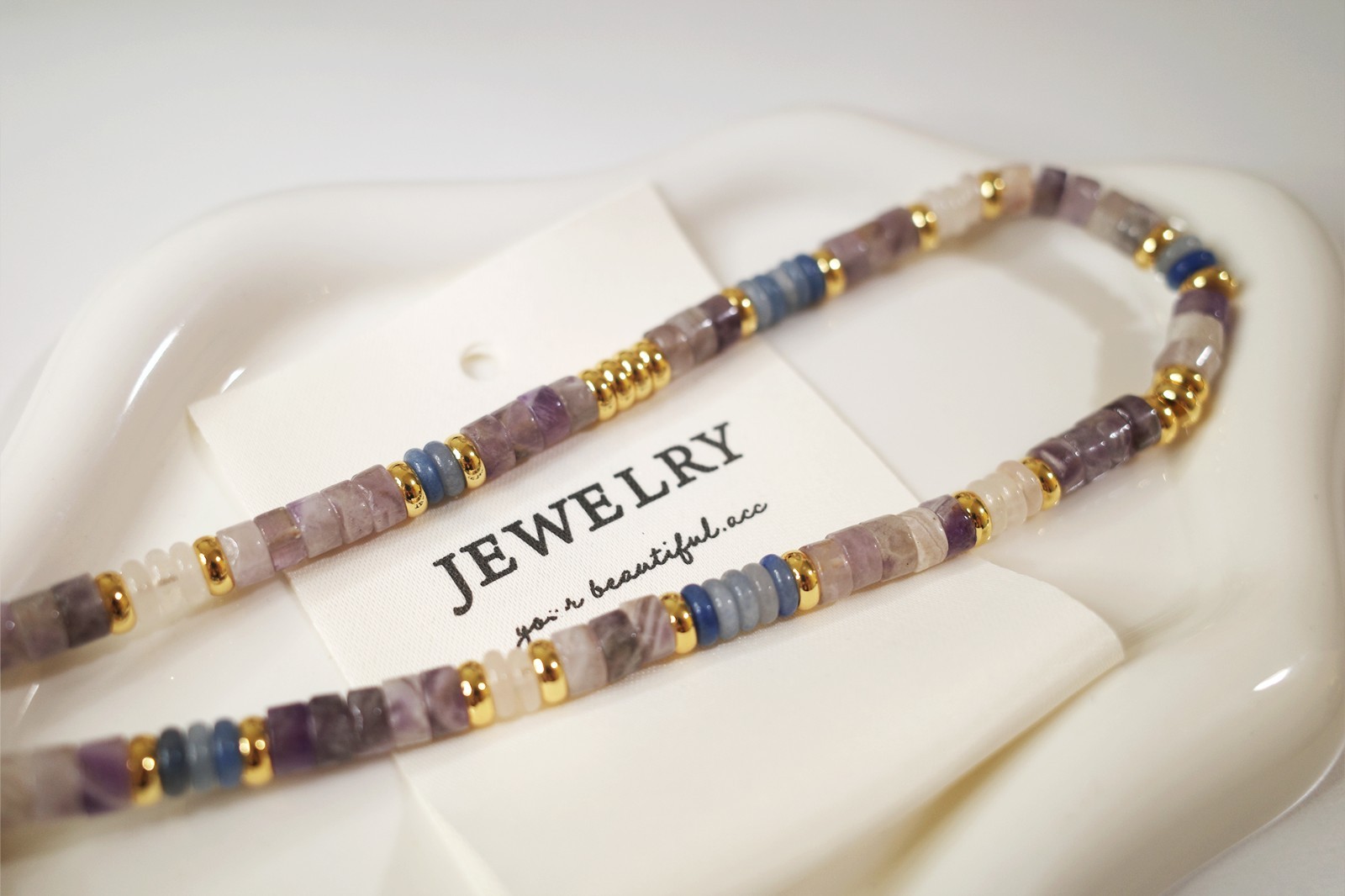 Layered Jade Necklace Set, Purple/Blue/White Beads, 18K Gold Plated, Handmade