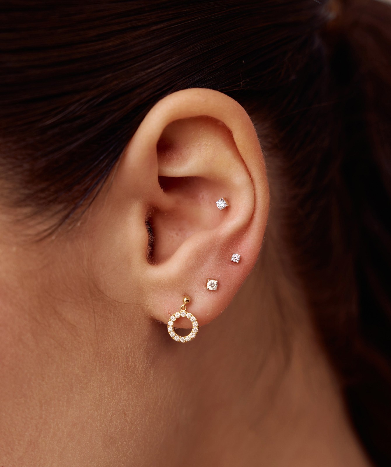 14K Gold Round Cut Lab Grown Diamond Open Circle Drop Earrings With Bead Stud