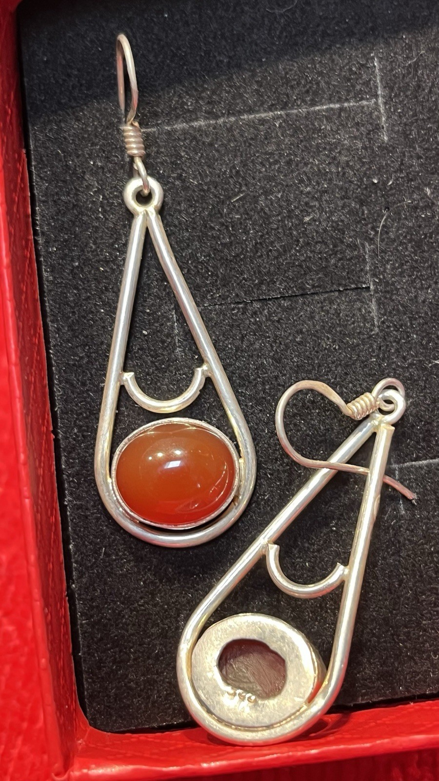 Vtg Sterling Silver 925 Teardrop Outline & Lge Cabochon Carnelian Stone Earrings