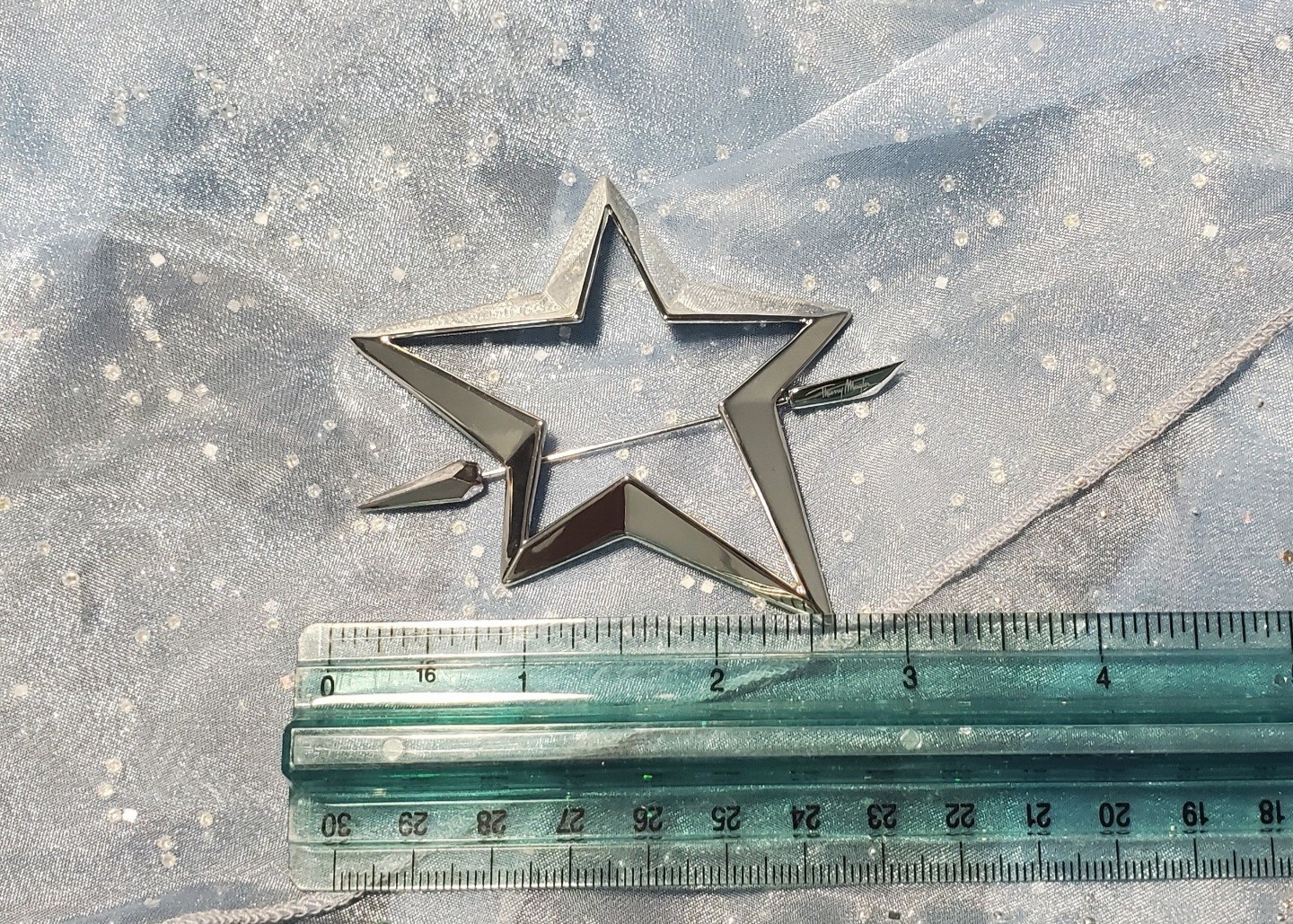 Rare! SIlver Shooting Star Brooch with Iconic Thierry Mugler Signature