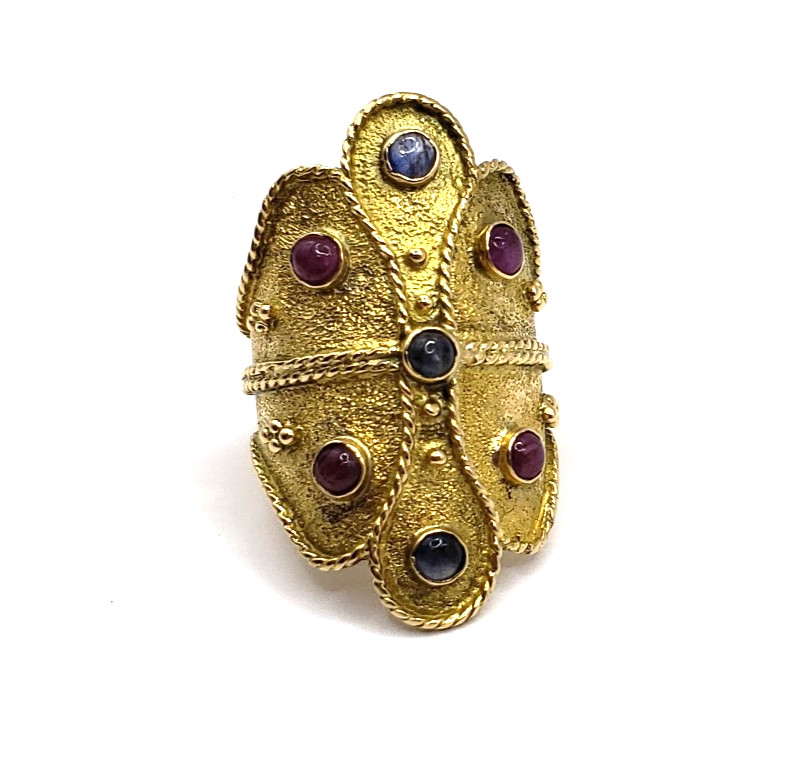 18K Yellow Gold Etruscan Byzantine Ruby & Sapphire Ring