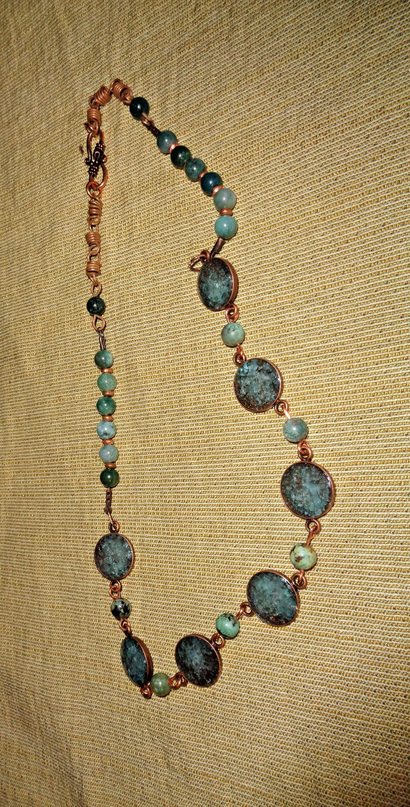 Artisan crafted, 19” crushed apatite in resin necklace, with agate connectors, a
