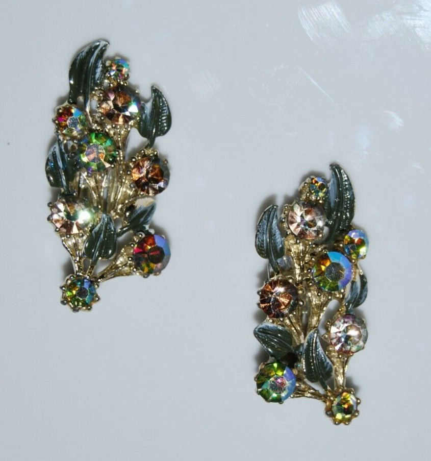 Elegant Vtg MCM Couture Enamel & Crystals Rhinestones Ear Climbers Clip Earrings