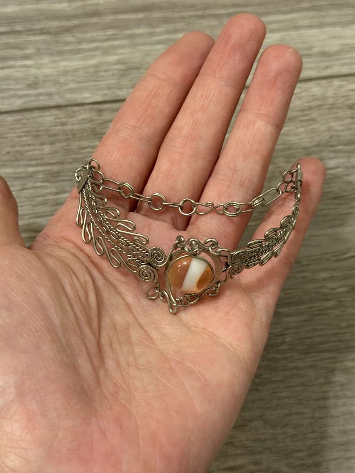Silver Tone Wire Wrap Cable Chain Bracelet Round Brown & White Stone, 7in