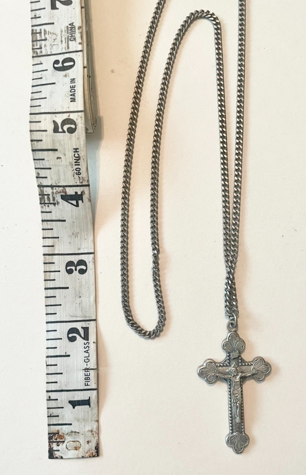 SILVERTONE METAL CRUCIFIX w/CHAIN – JESUS CROSS INRI