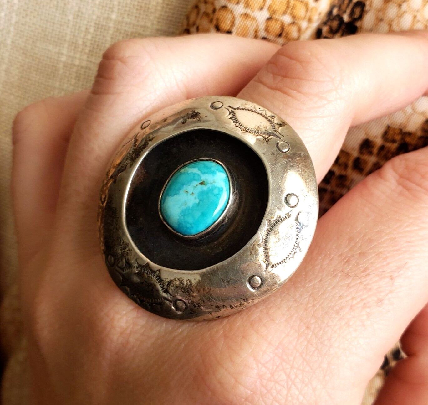 Vintage Sterling Silver Ring Womens Size 8.75 Turquoise Southwestern Circle Disc