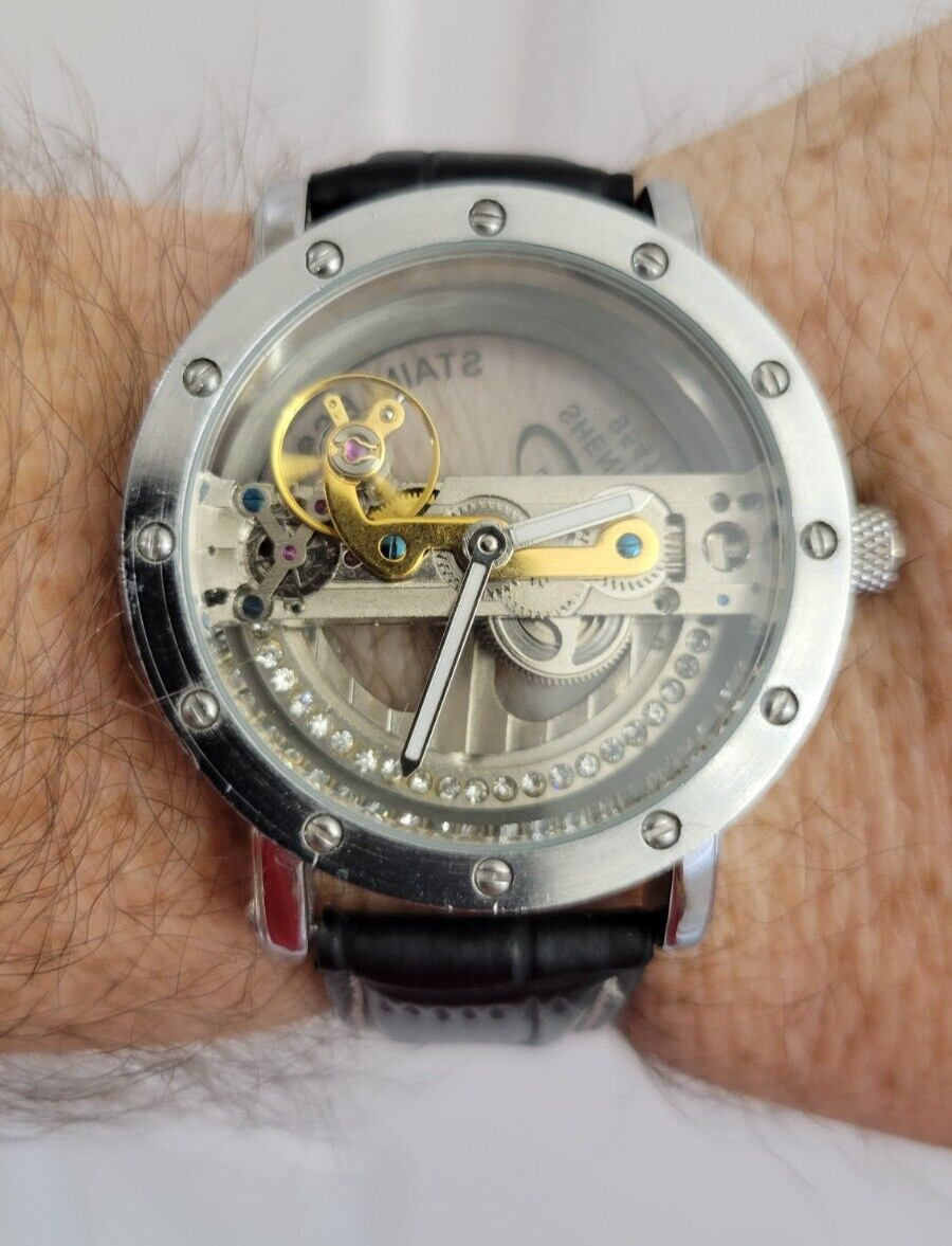 Mens Watch Mechanical Waterproof Luxury Watch Croco Leather Band Hollow Skeleto