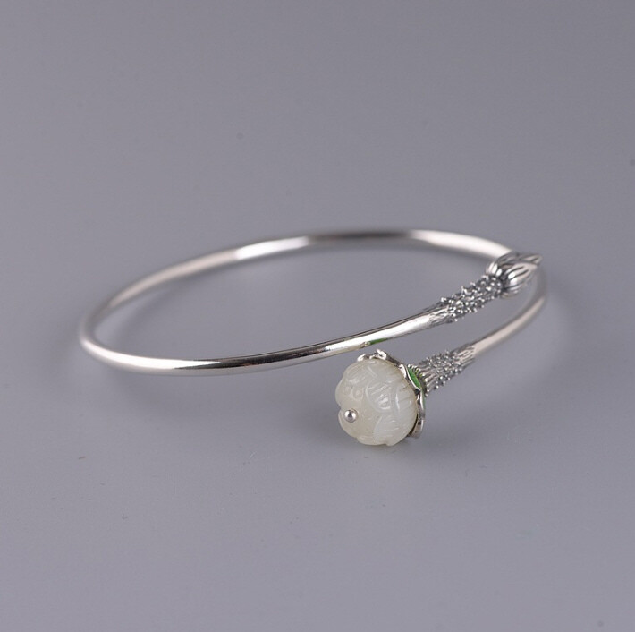 I05 Bangle Silver 925 with Lotus Flower and Bud White Jade Cloisonne