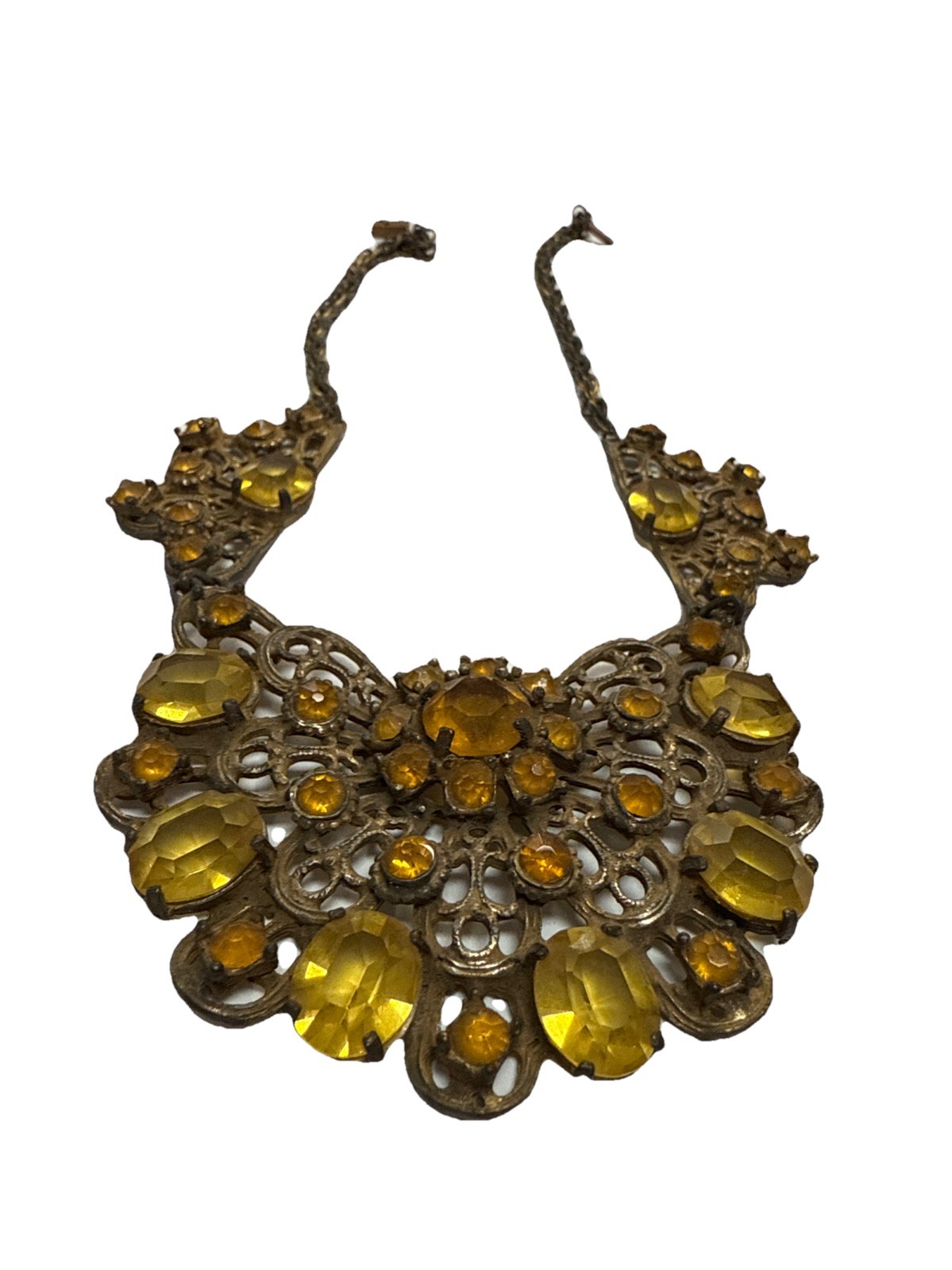 Art Deco Vintage Faux Citrine Topaz Open Back Crystal Filigree Floral Necklace
