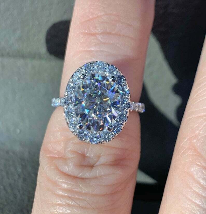2.10Ct Oval lab created Diamond Halo Engagement Ring 14K White Gold Finish