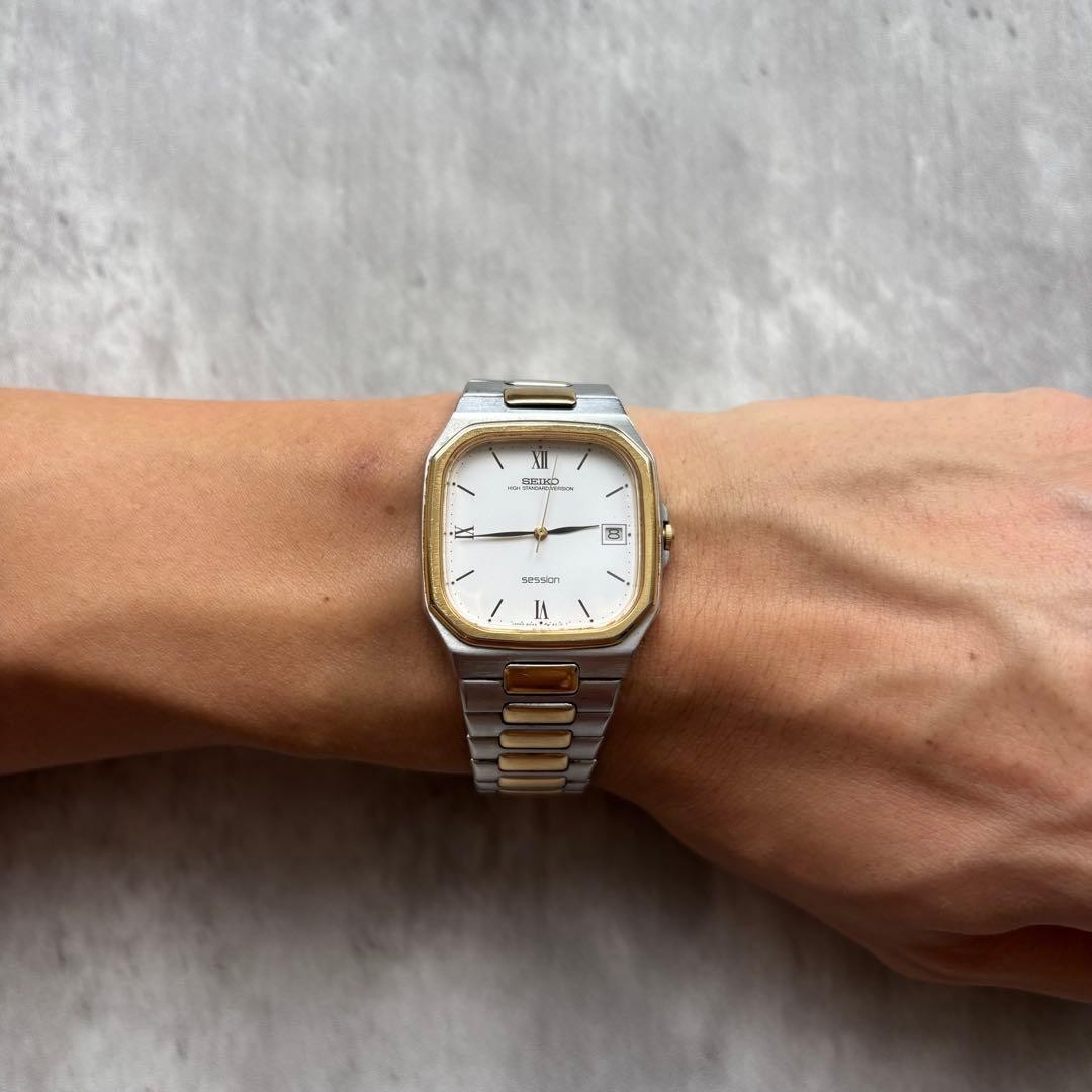 Vintage SEIKO Octagon Watch Roman Dial Silver Gold 8N45-5000 Japan