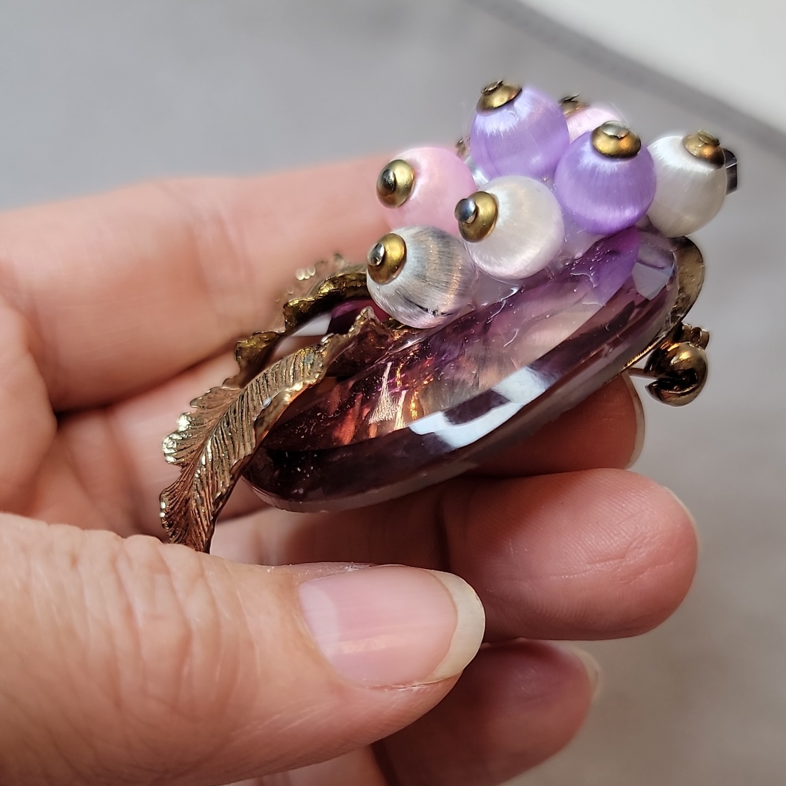 Vtg 1950s Lavender Mirror Back Brooch Satin Silk Thread Wrapped Berry Grape Pin